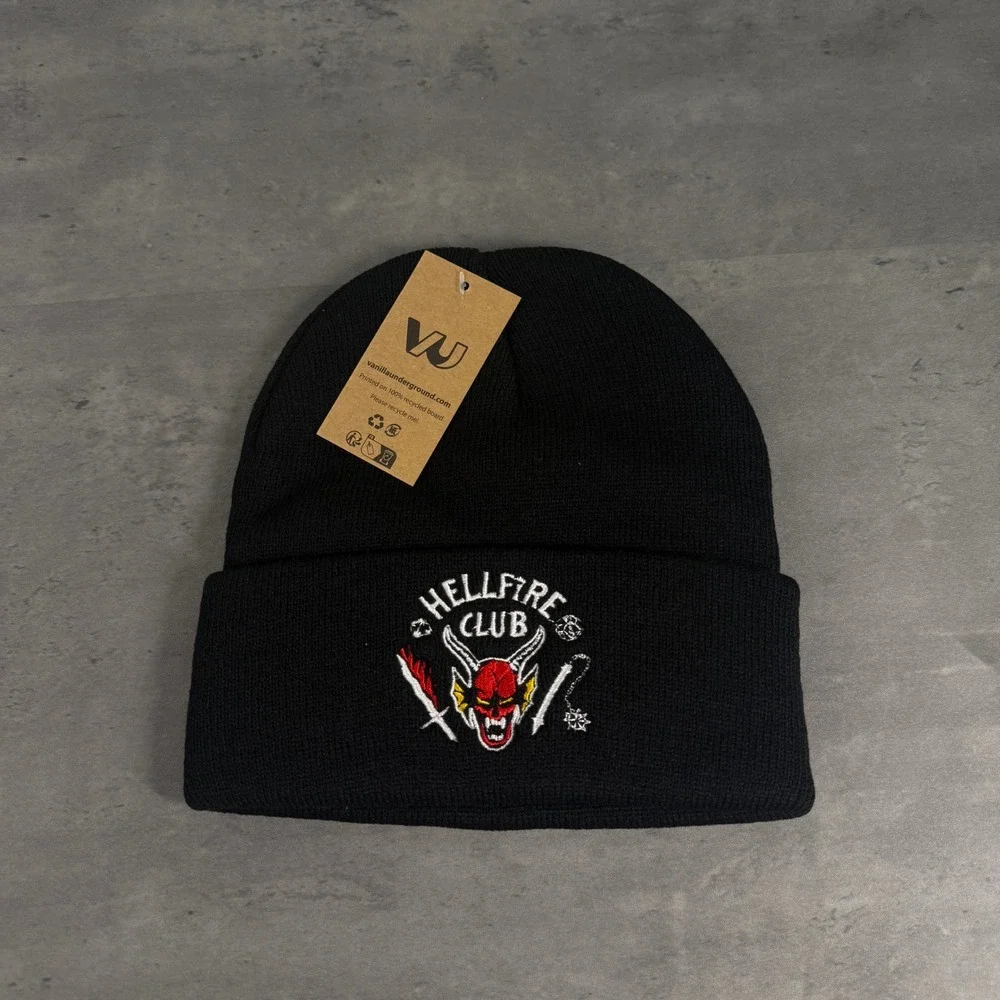 Stranger‎ Things Beanie Unisex OS Black Hellfire Club Embroidered Knit Hat NEW